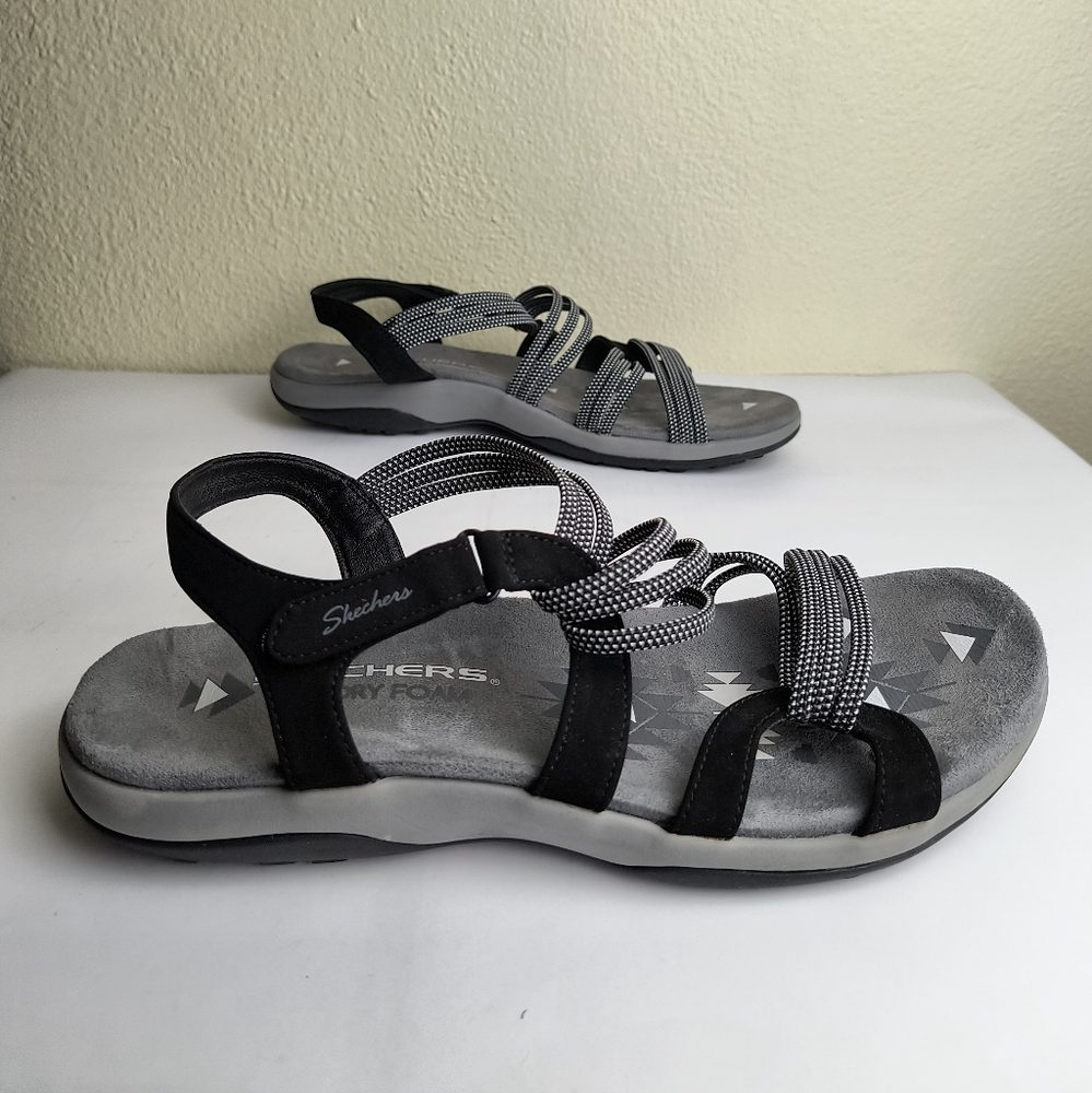 Skechers Reggae Slim 10 Black/Gray Sporty STRAPPY SANDALS Memory Foam